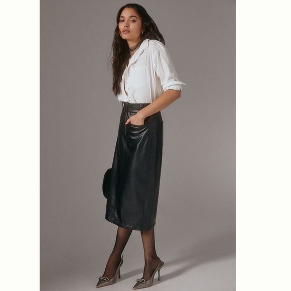 NWOT Anthropologie Pilcro Faux Leather Moto Midi Skirt 2 Pencil Vegan Punk Black - Picture 5 of 16